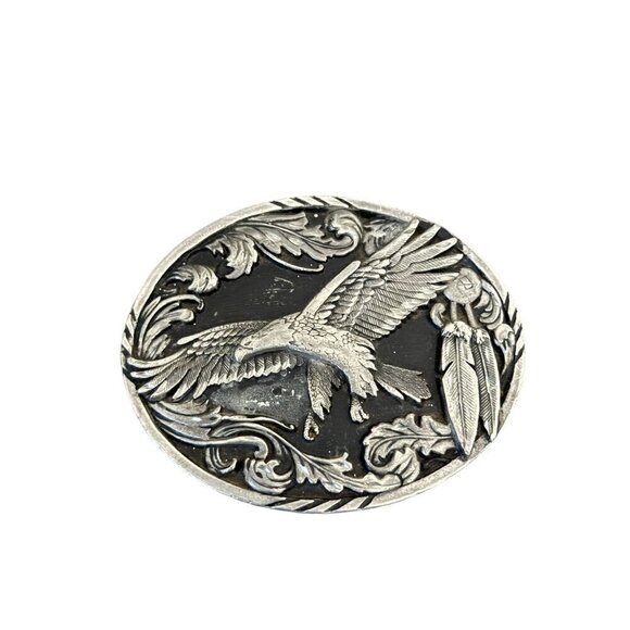 1995 Vintage EAGLE Oval Buckle, Pewter Diamond Cut Belt Buckle Made in USA - Picture 2 of 5